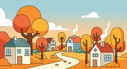 A tranquil village scene in autumn, featuring cozy houses with smoking chimneys, vibrant orange trees, and a winding country road