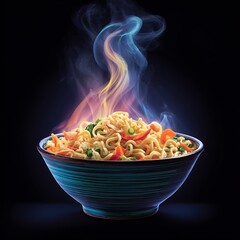 Steaming hot bowl of noodles with colorful smoke rising