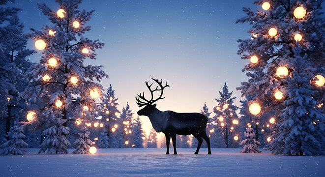 A majestic reindeer stands in a snowy winter forest among pine trees decorated with glowing festive lights.