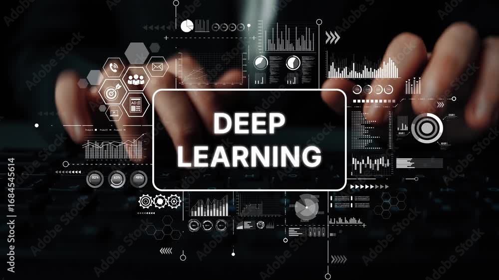 Poster hands typing on keyboard with digital deep learning interface and data visuals in technology concept