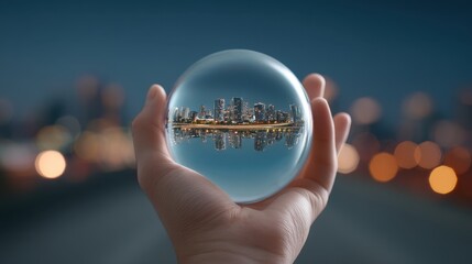 Crystal ball reflecting a vibrant city skyline at night with blurred lights and a hand holding the orb, symbolizing vision and perspective in urban environments