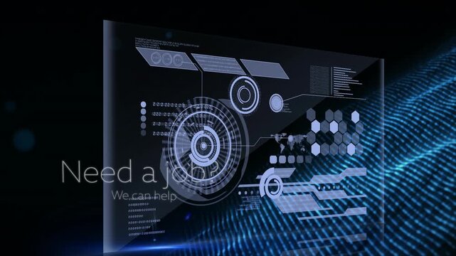 Composition of need a job over digital screen and glitter on black background