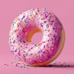 Delicious pink frosted donut with colorful sprinkles on a pink background
