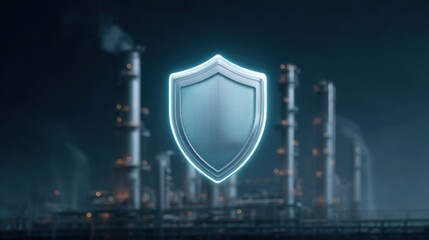 Fototapeta premium Futuristic Digital Shield Symbolizing Security Over Industrial Landscape with Smokestacks and Fog in Background, Bright Neon Effect
