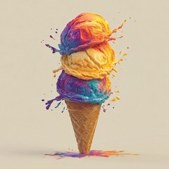 Vibrant rainbow ice cream cone with splashes of color