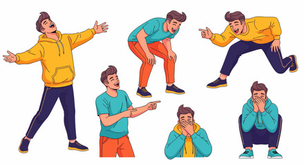 Expressive man in various poses: laughter, surprise, and excitement, ideal for design use