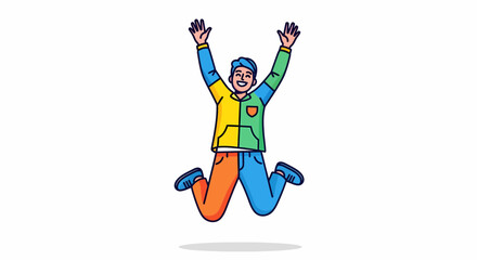 Fototapeta premium Joyful man celebrates with arms raised high in a colorful, dynamic jump, pure happiness
