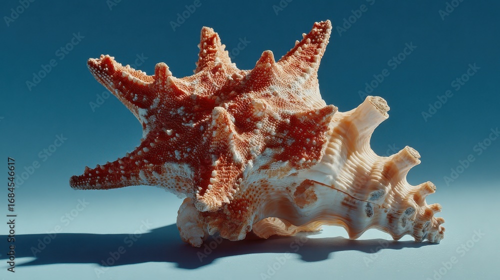 Poster close up of a red and white seashell against a blue background. the shell has a complex, spiky textu