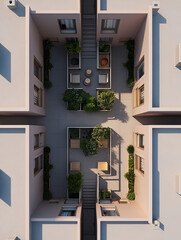 Symmetrical courtyard with modern terraces and evening light
