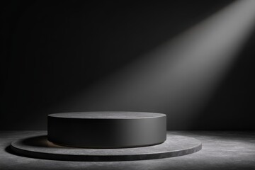 Empty podium or pedestal in elegant on black background with abstract shadow overlay, ideal mockup for product display presentation showcase backdrop design
