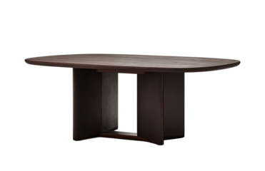 Dark-toned oval dining table with a modern, simple design.  The table's top is smooth and slightly curved, resting on a sturdy,  four-legged base.  The wood grain is visible
