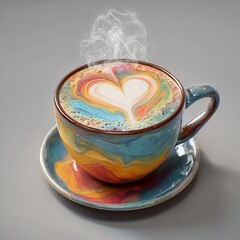 Artistic rainbow latte with heart design in a colorful ceramic mug