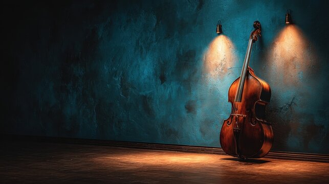 A dark brown double bass stands against a textured blue wall, illuminated by two warm lights. The scene is dimly lit, creating a moody atmosphere.