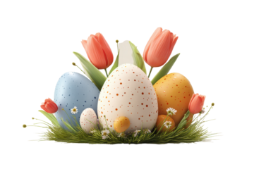 3d illustration icon of easter eggs with tulips and grass