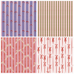 Fototapeta na wymiar Set of 4 seamless Christmas patterns with vertical ribbons, bows, and festive stripes. Hand-drawn textures in cozy red, pink, blue, and green tones. Ideal for wrapping paper, holiday cards, textile 
