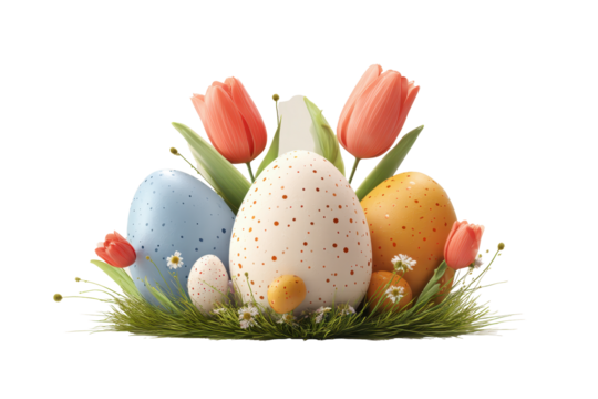 3d illustration icon of easter eggs with tulips and grass
