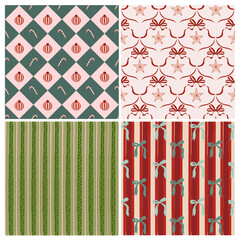 Naklejka na ściany i meble Seamless Christmas patterns with ornaments, bows, stars and candy canes. Festive textures in pink, red and green. Ideal for wrapping paper, fabric, cards and holiday design projects.