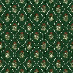 Obraz na płótnie Canvas Seamless Christmas pattern with mistletoe and red bows on dark green background. Perfect for holiday wrapping, greeting cards, packaging, and cozy seasonal decor.