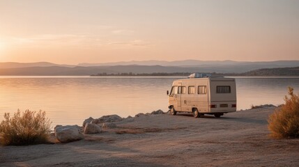 Serene Sunset Over Lake with Camper Van Parked on Gravel Shore Surrounded by Vegetation and Mountains in the Distance