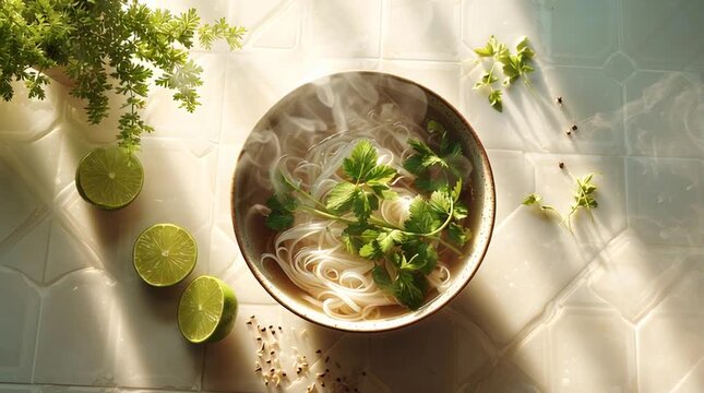 Steaming noodle soup with fresh cilantro, lime, and herbs on white tile, sunlight streaming in, healthy aromatic meal evoking warmth and freshness