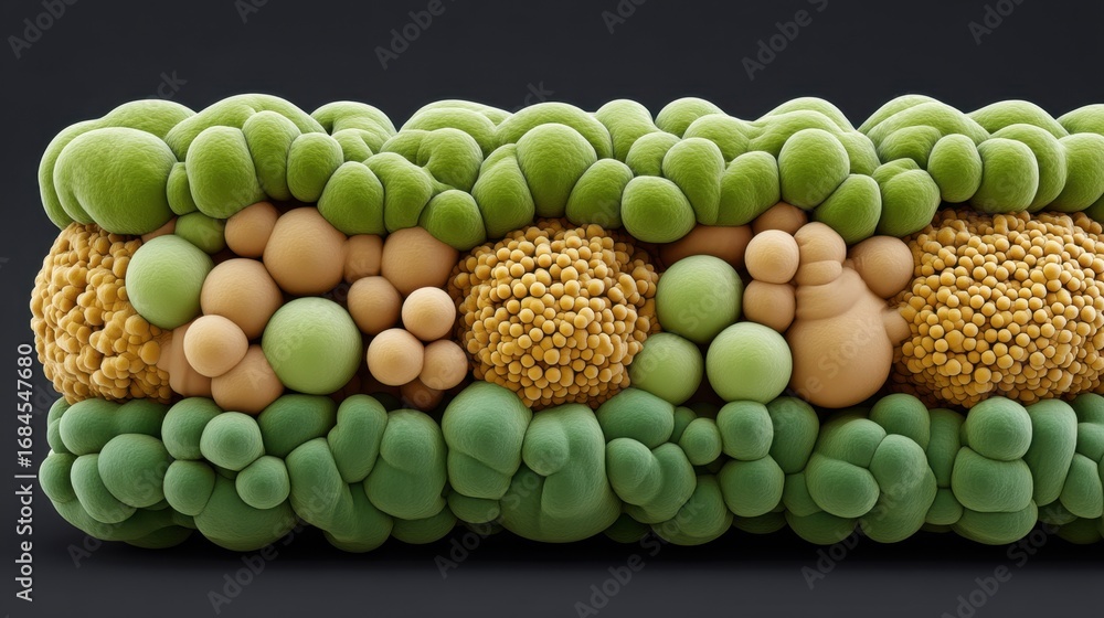 Poster abstract close-up of colorful microbial structures with varied shapes and textures on a dark backgro
