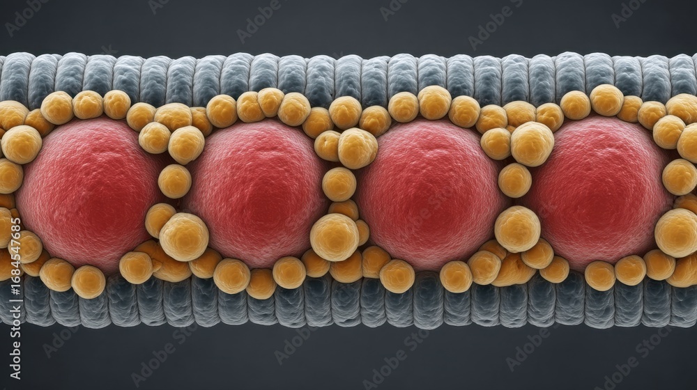 Poster detailed microscopic view of biological structures illustrating cell membrane components with colorf