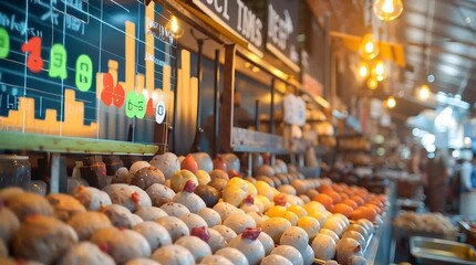 Fresh bread, pastry, and bakery goods vibrant market with digital stock chart overlay, fresh chicken displayed warm lighting, energetic atmosphere - Powered by Adobe