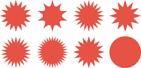 Collection of vibrant red starburst shapes and a circle on white background