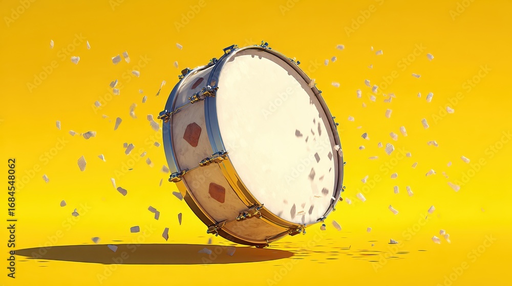 Poster a 3d rendered image of a drum exploding into pieces against a vibrant yellow background.