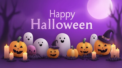 Halloween Night Spectacle: A charming Halloween scene features smiling pumpkins, spectral ghosts, and flickering candles. The radiant full moon watches over the cheerful and spirited decorations. 