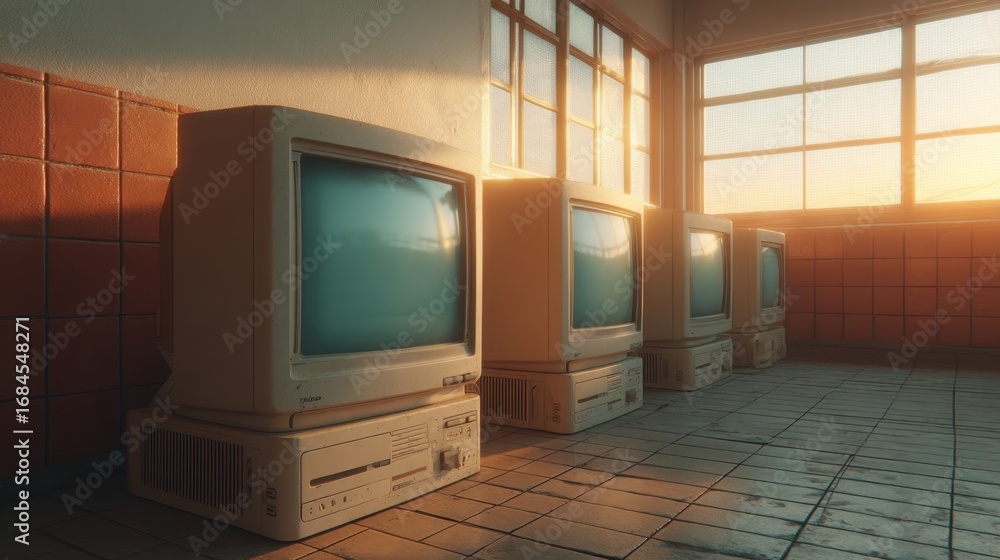 Poster retro vintage computer monitors lined up in dimly lit classroom with warm sunset glow reflecting on 