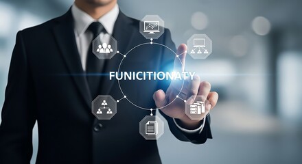 Businessman interacting with futuristic digital interface showing functionality and technology