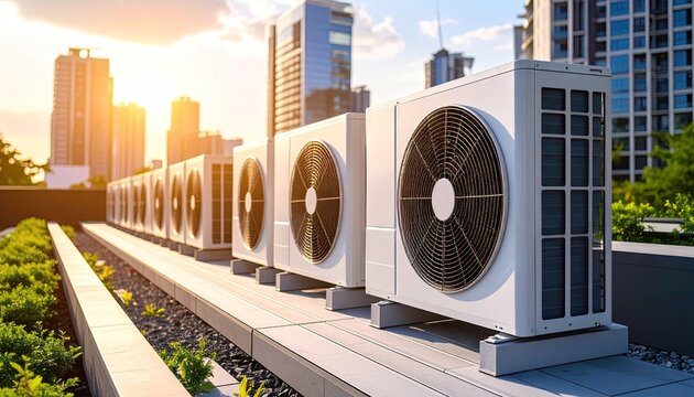 Row of Air Conditioning Units on City Rooftop at Sunset