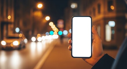Modern smartphone held up in a city street at night with blurry lights