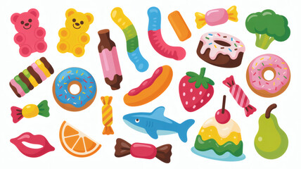 Assorted colorful candies and sweets isolated on white background, including gummy bears, worms, and donuts
