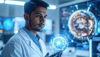 Scientist Studying Futuristic Glowing Geometric Data Sphere in Lab