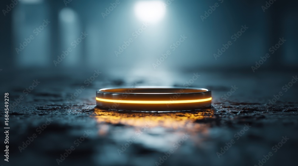 Poster a glowing orange ring rests on a dark, textured surface, illuminated by a soft light source in the b