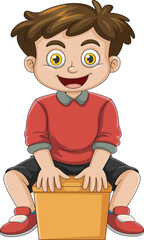 Happy young boy sitting on box smiling cheerful child cartoon illustration, brown hair, red sweater, black shorts, red shoes, joyful kid isolated white background