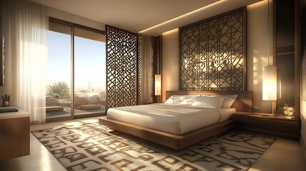 Modern, luxurious bedroom with a view.  Spacious, light-filled master bedroom featuring a large bed, light-toned walls, and warm, rich wood accents.  