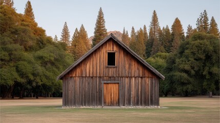 Obraz premium Rustic wooden barn surrounded by tall evergreen trees in a serene landscape, providing a tranquil atmosphere for nature lovers and photographers alike