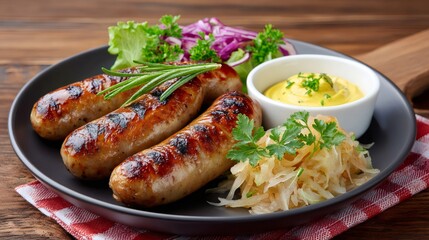 Grilled sausages with mustard, salad and sauerkraut resting on black plate