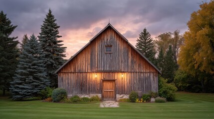 Obraz premium Serene Wooden Barn at Sunset Surrounded by Lush Greenery and Tall Trees in a Peaceful Natural Landscape, Capturing the Essence of Rustic Charm
