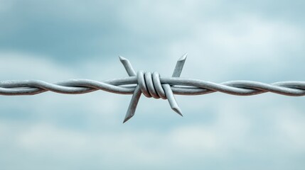 Close-up View of Barbed Wire with Twisted Design Against a Soft Blue Sky Background, Capturing Color and Texture in a Unique Perspective