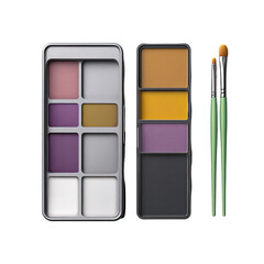 Makeup palette with shades of pinks, golds, yellows, purples, and greys. 
