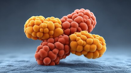 Colorful abstract representation of cellular structures featuring orange and red globular forms isolated on a textured background for scientific concepts