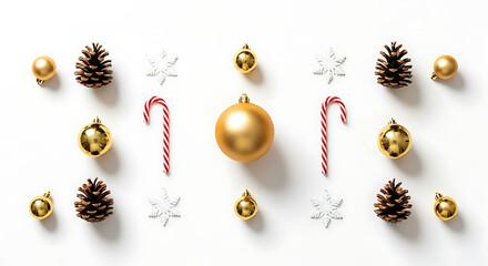 Flat lay of festive Christmas decorations including golden baubles, pine cones, candy canes, and snowflakes arranged on a white background.