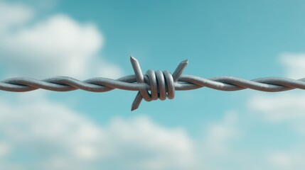 Close-Up of Barbed Wire Against a Clear Blue Sky with Fluffy Clouds, Capturing the Texture and Intricacies of Metal and Nature Interaction