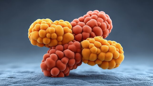 Colorful abstract representation of cellular structures featuring orange and red globular forms isolated on a textured background for scientific concepts