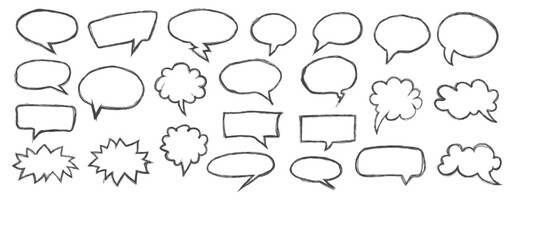 Fototapeta premium Hand-drawn speech bubbles, cute chalk doodle elements for childlike designs or school projects.