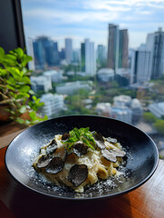 Gourmet truffle pasta dish served with a side of city skyline views, perfect for a luxurious dining experience